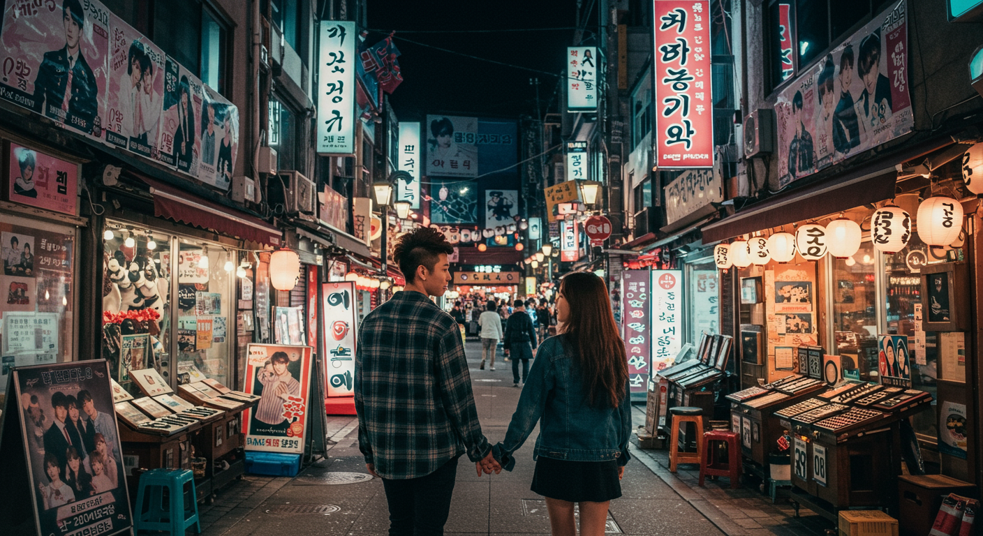 밤에 다양한 문화 요소를 탐험하는 한국 커플의 생동감 있는 도시 거리 풍경