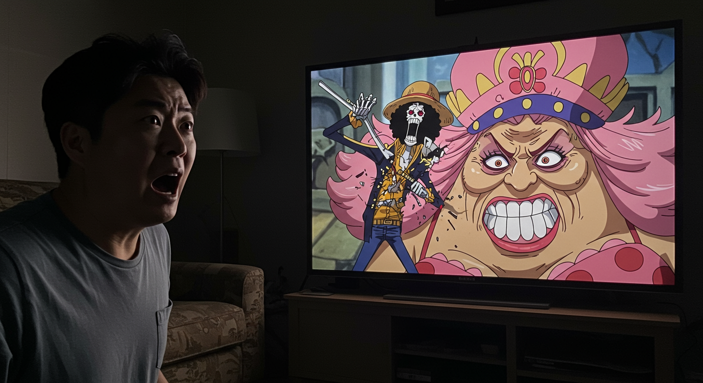 TV 화면 속 충격적인 장면을 주목하는 팬의 모습