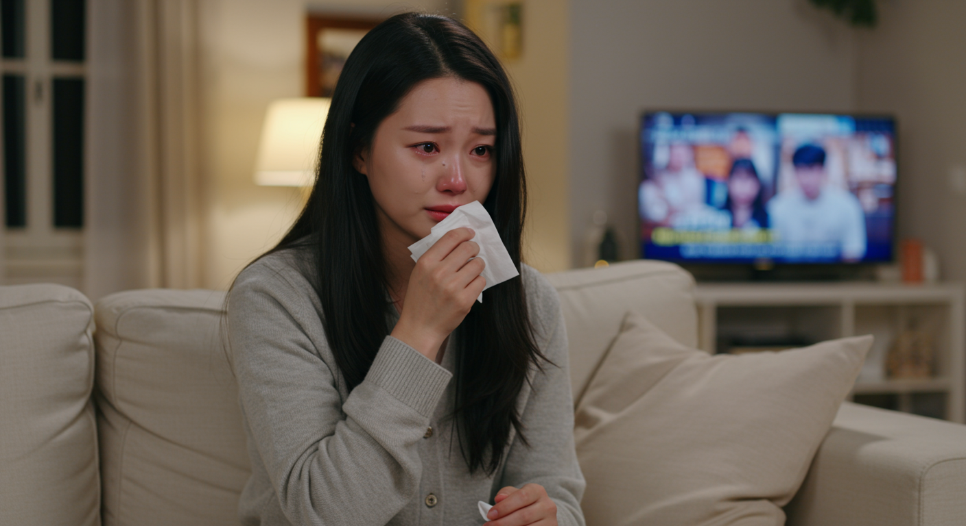눈물을 흘리는 여성이 티슈를 들고 소파에 앉아 있는 모습