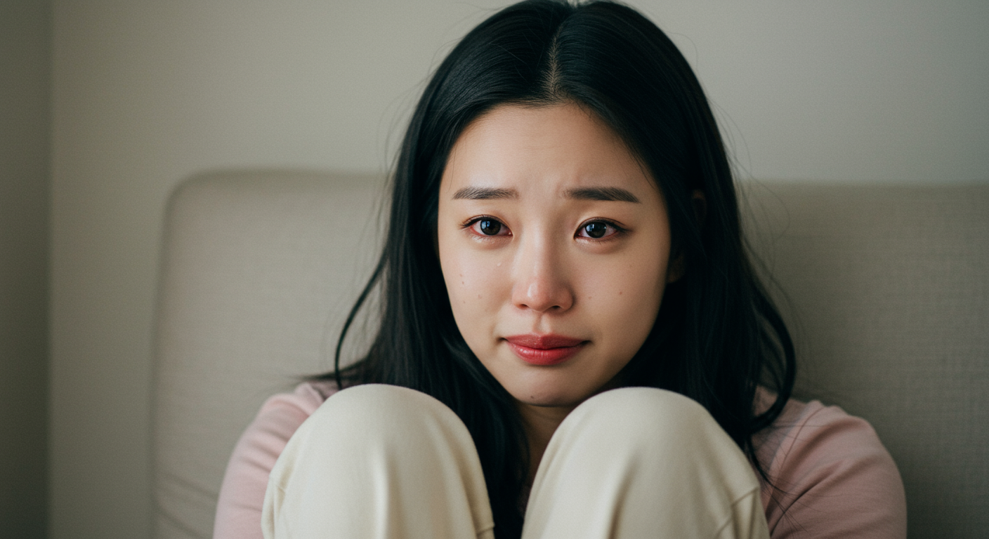 복잡한 감정을 담고 있는 여성의 미묘한 표정 변화