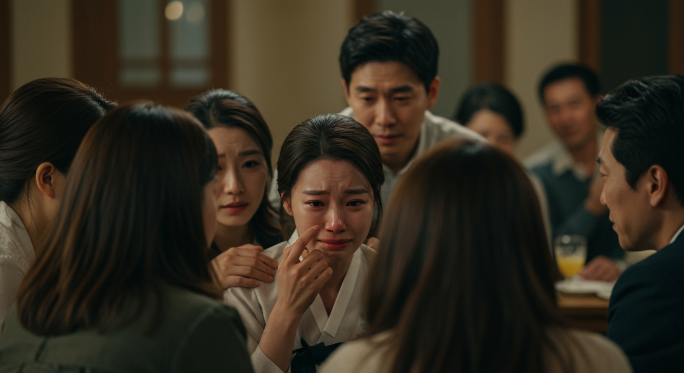모임 중 슬로우 모션으로 흐르는 눈물과 주변 친구들의 놀란 반응