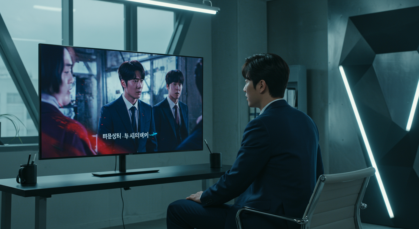 현대적인 사무실에서 '탁류'를 시청 중인 남성의 모습