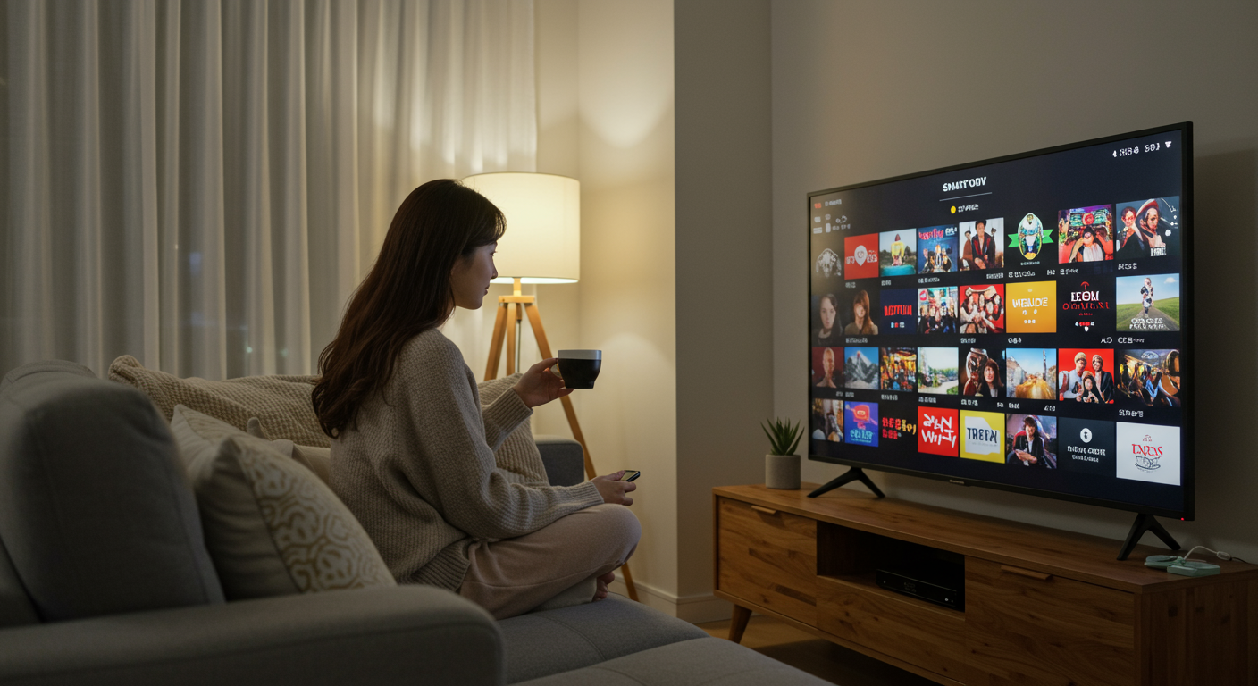 스마트 TV로 OTT 콘텐츠를 탐색하는 여성의 일상