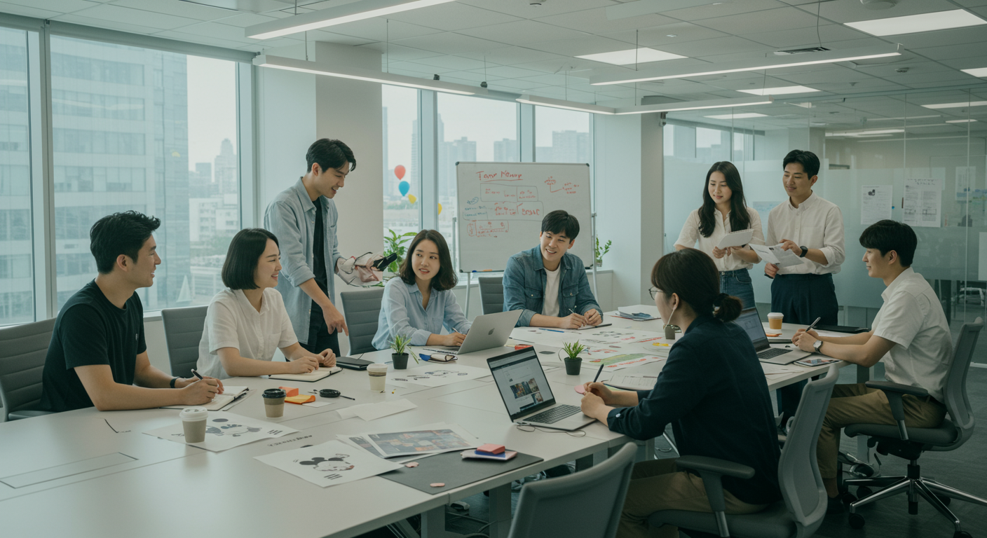 디즈니플러스 한국 본사에서 컨텐츠 전략을 논의하는 팀원들