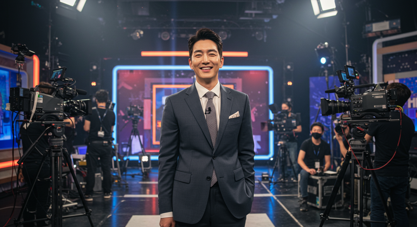 화려한 TV 세트에서 자신감 있게 웃고 있는 매력적인 배우