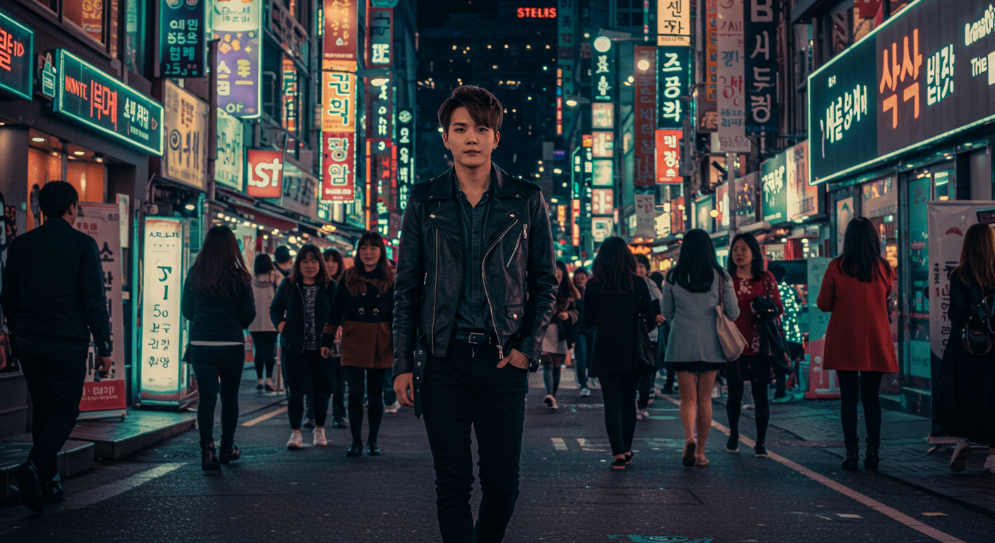 서울의 밤거리에서 네온사인과 도시 불빛에 비친 유명 연예인