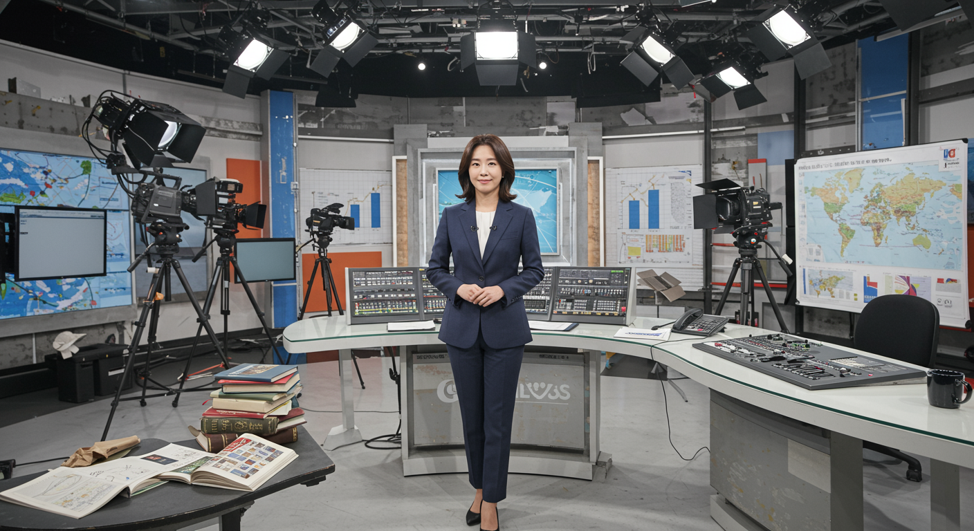 전문 스튜디오에서 미디어 장비와 교육 자료로 둘러싸인 현대 여성 뉴스 앵커