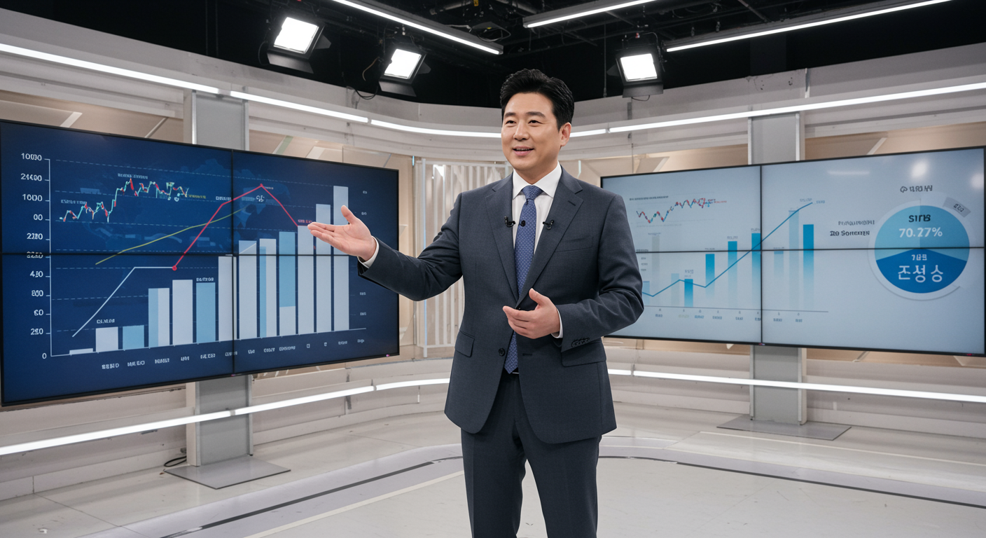 디지털 화면에 차트와 그래프가 있는 스튜디오 환경에서 복잡한 경제 문제를 간단히 설명하는 자신감 있는 한국 TV 진행자