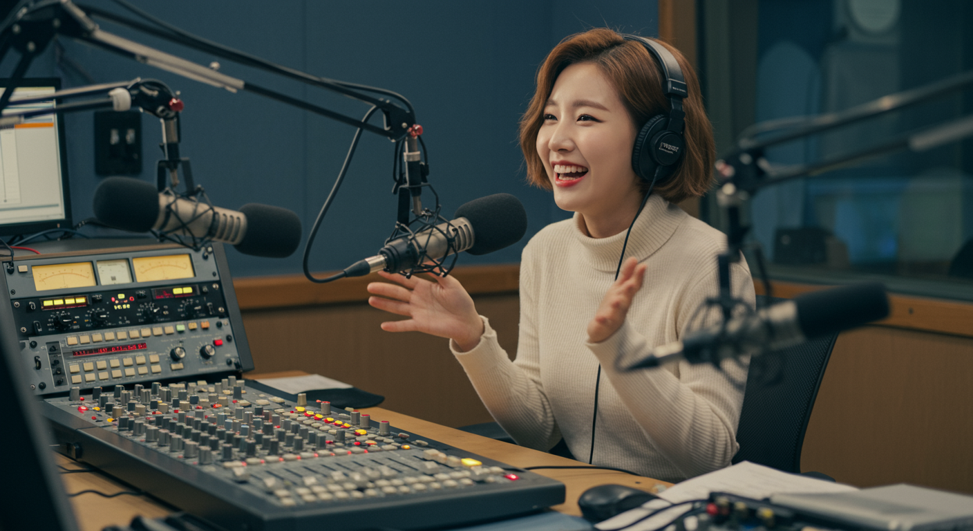 청취자와 친밀한 연결을 만드는 마이크와 오디오 컨트롤이 있는 활기찬 한국 라디오 프로듀서