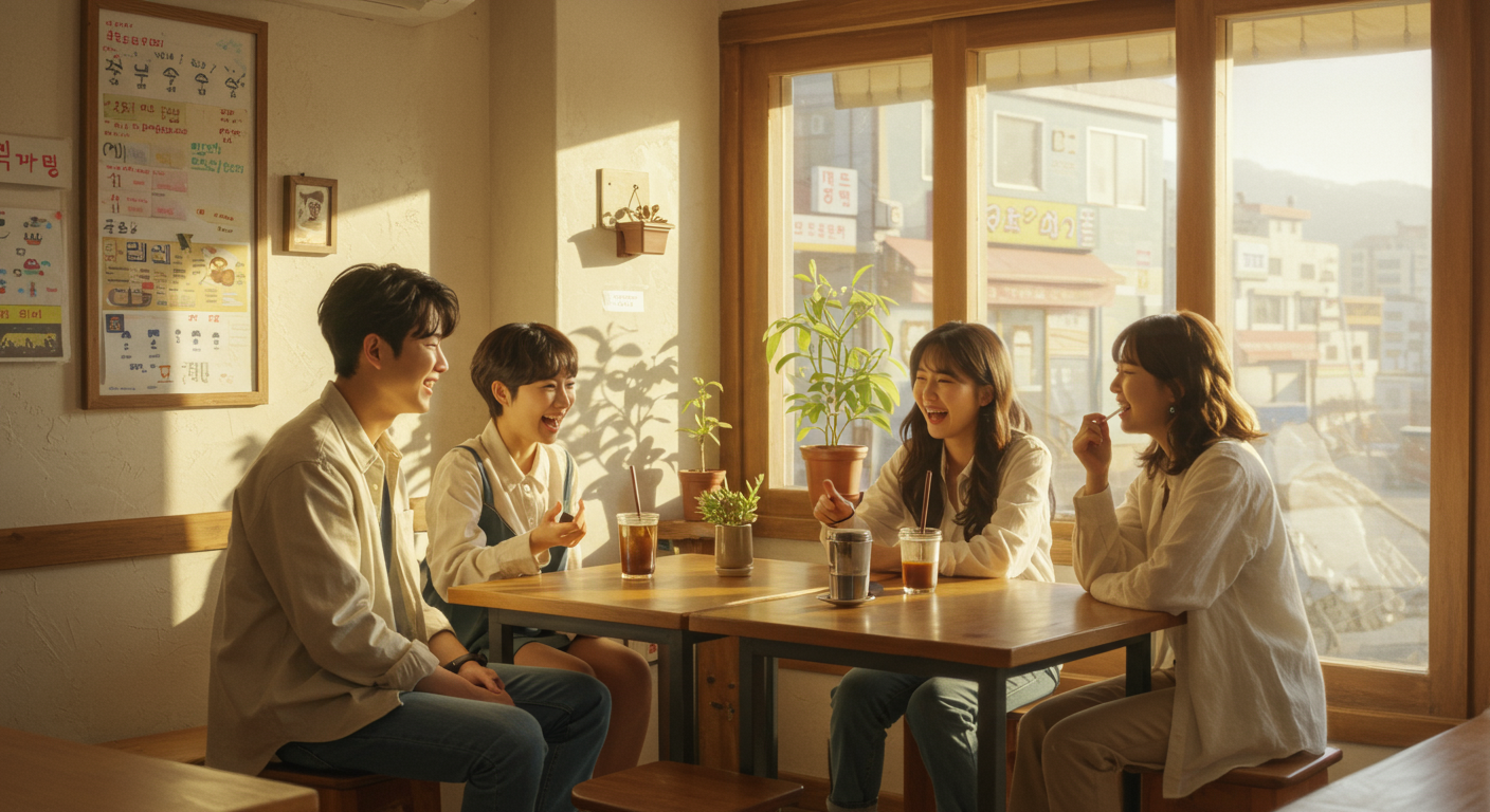 부산 카페에서 경상도 사투리를 사용하는 젊은이들의 대화 장면