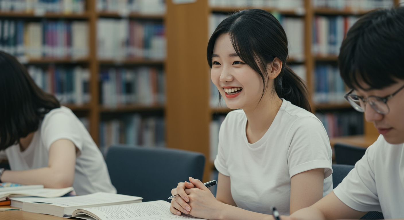 대학 도서관에서 미소 지으며 '하모예'라고 말하는 학생