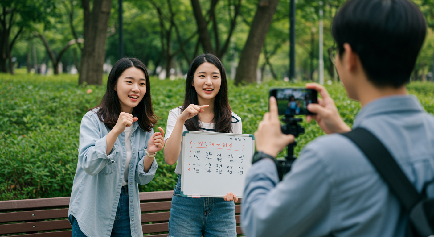 유튜브 영상 촬영 중인 한국 청소년들이 '하모예' 발음을 설명하는 장면
