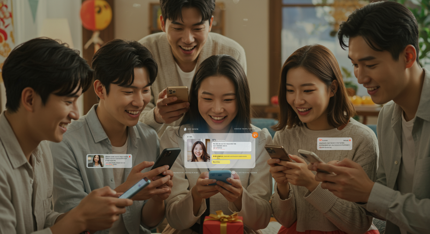 추석 동안 친구들이 디지털 플랫폼을 통해 소통하며 가상 선물을 주고받는 장면