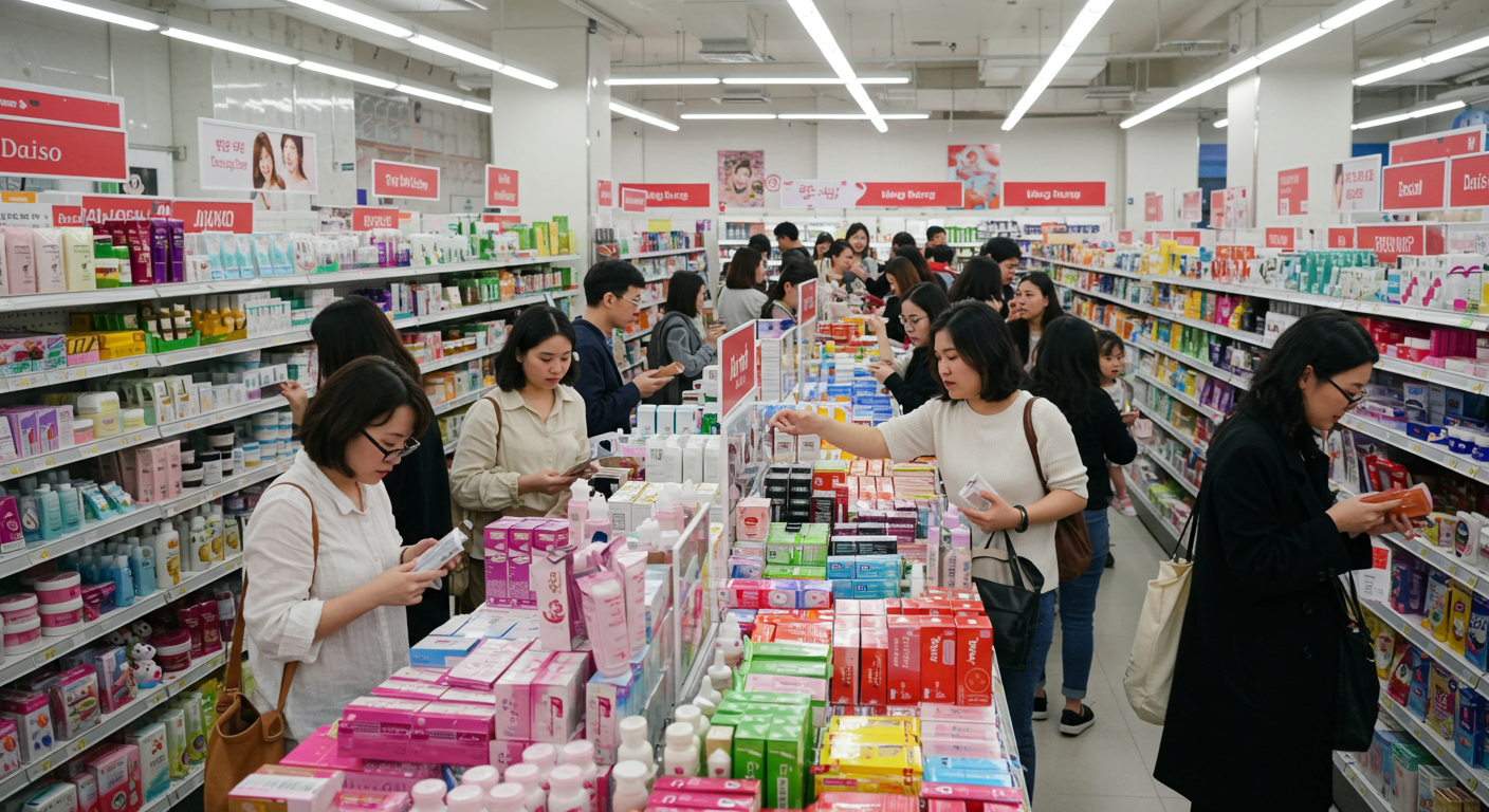 서울의 한 다이소 매장에서 사람들로 붐비고 있는 모습과 가득 채워진 스킨케어 제품 진열대