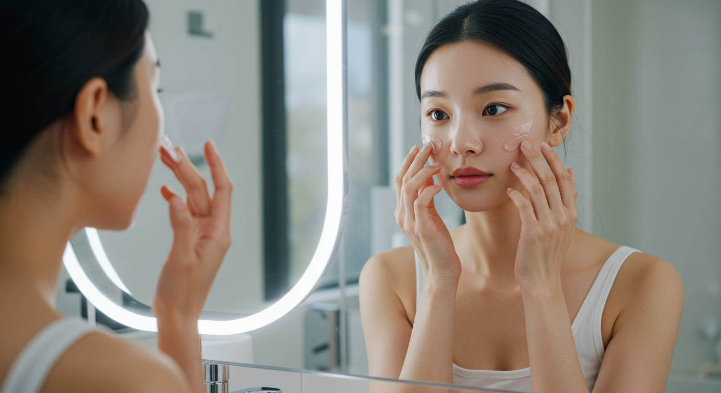 현대적인 욕실에서 거울 앞에 서서 CNP 스팟 카밍 젤을 얼굴에 바르는 여성