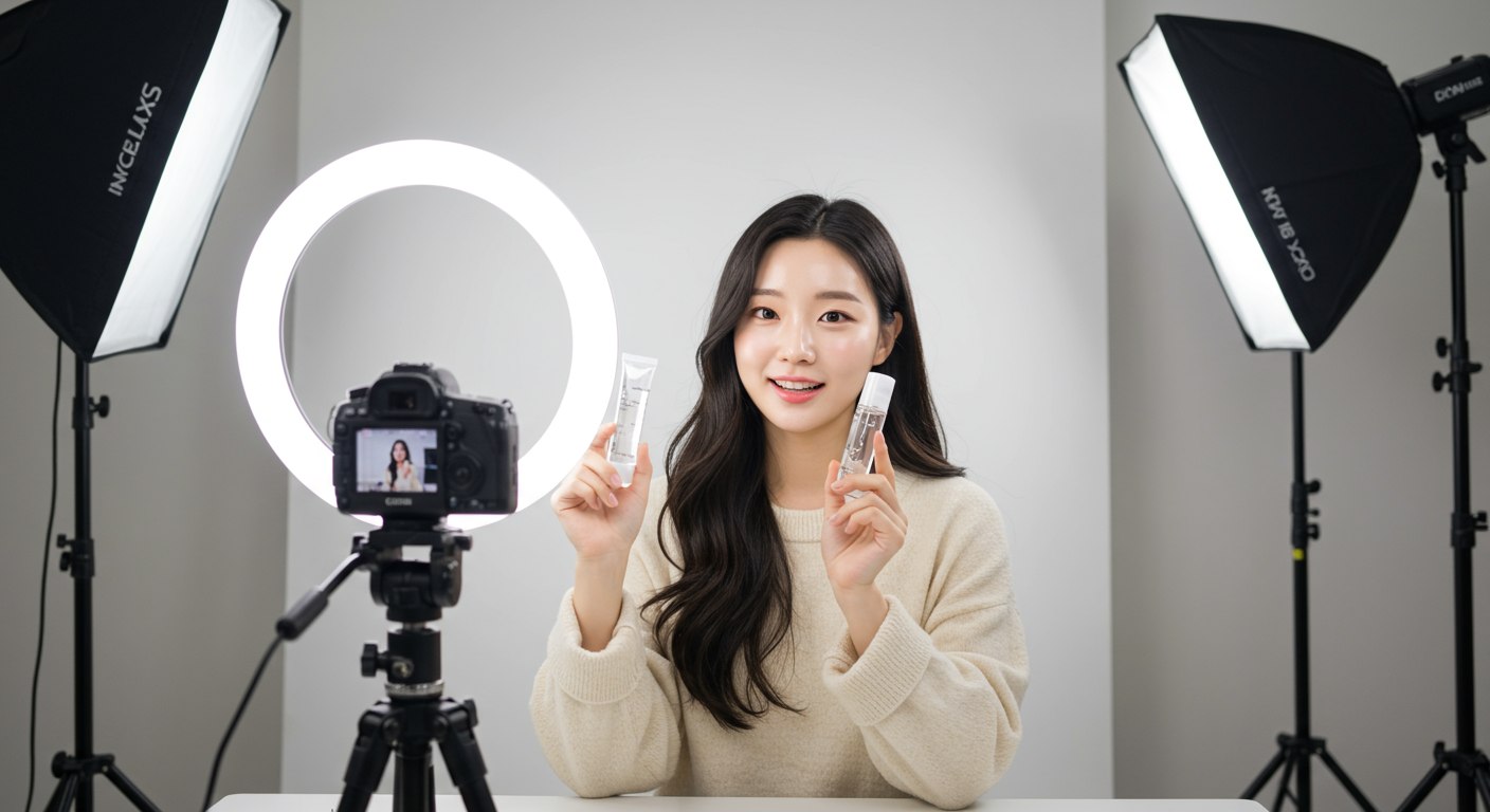 뷰티 인플루언서가 SNS 콘텐츠 촬영 중 CNP 제품을 들고 있는 모습