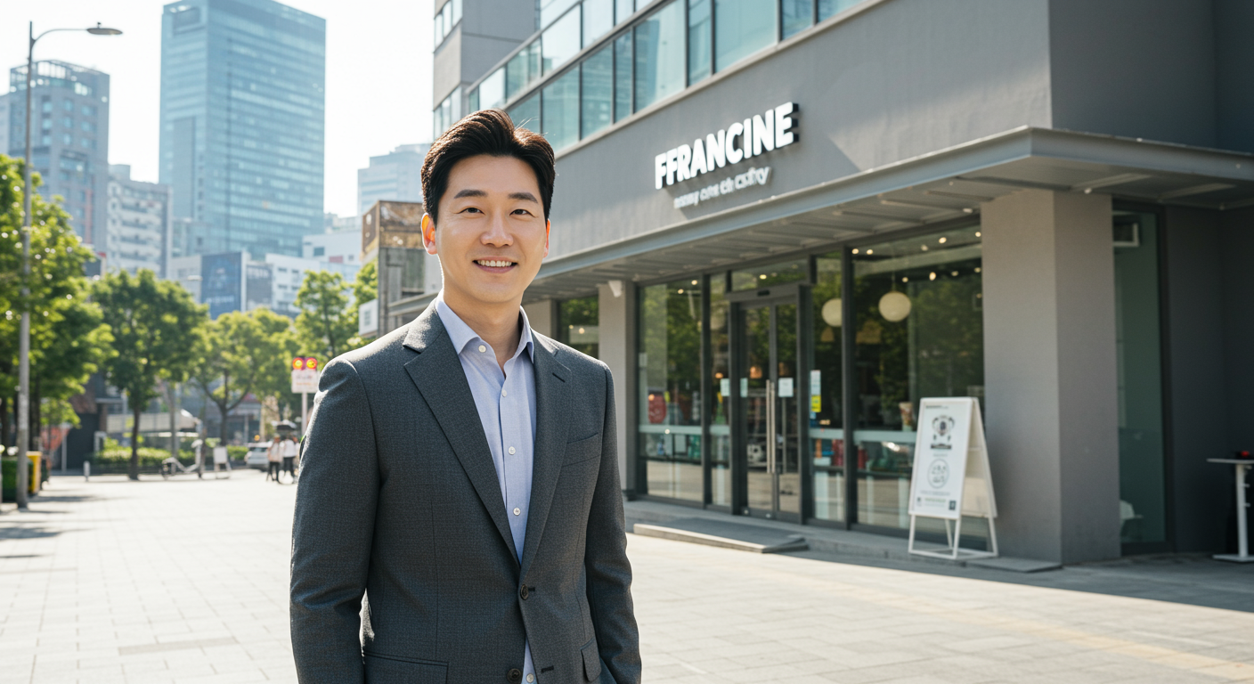30대 한국 창업가가 현대적인 프랜차이즈 매장 앞에 서 있는 모습