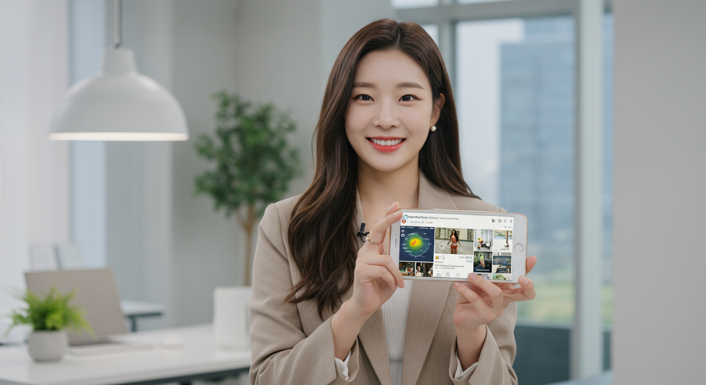 스마트폰을 들고 있는 젊은 여성 기상캐스터가 인스타그램 인터페이스와 함께 미소 짓는 모습