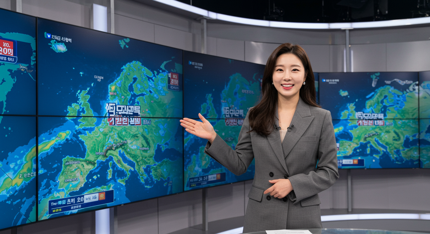TV 스튜디오에서 디지털 날씨 지도를 배경으로 생방송 중인 여성 기상캐스터
