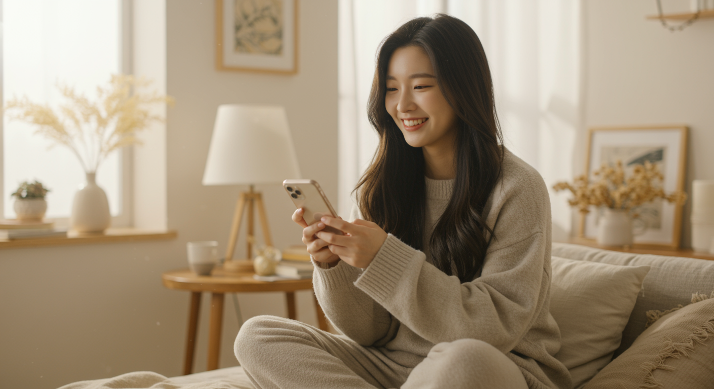 스마트폰으로 팔로워들과 소통하며 일상의 순간을 공유하는 젊은 여성이 집에서 편안하게 있는 장면