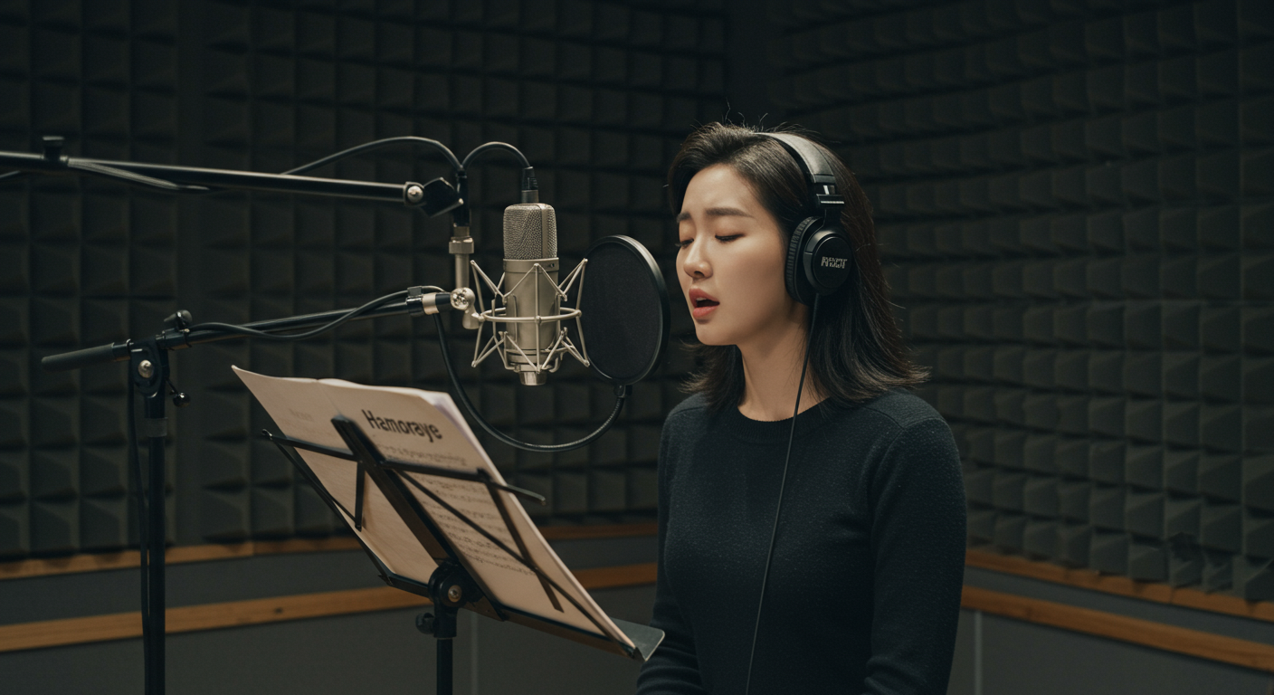녹음실에서 '하모라예' 악보를 보며 노래하는 가수
