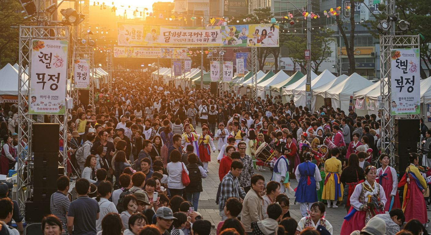 '하모라예' 배너가 걸린 축제 현장에서 공연을 즐기는 사람들