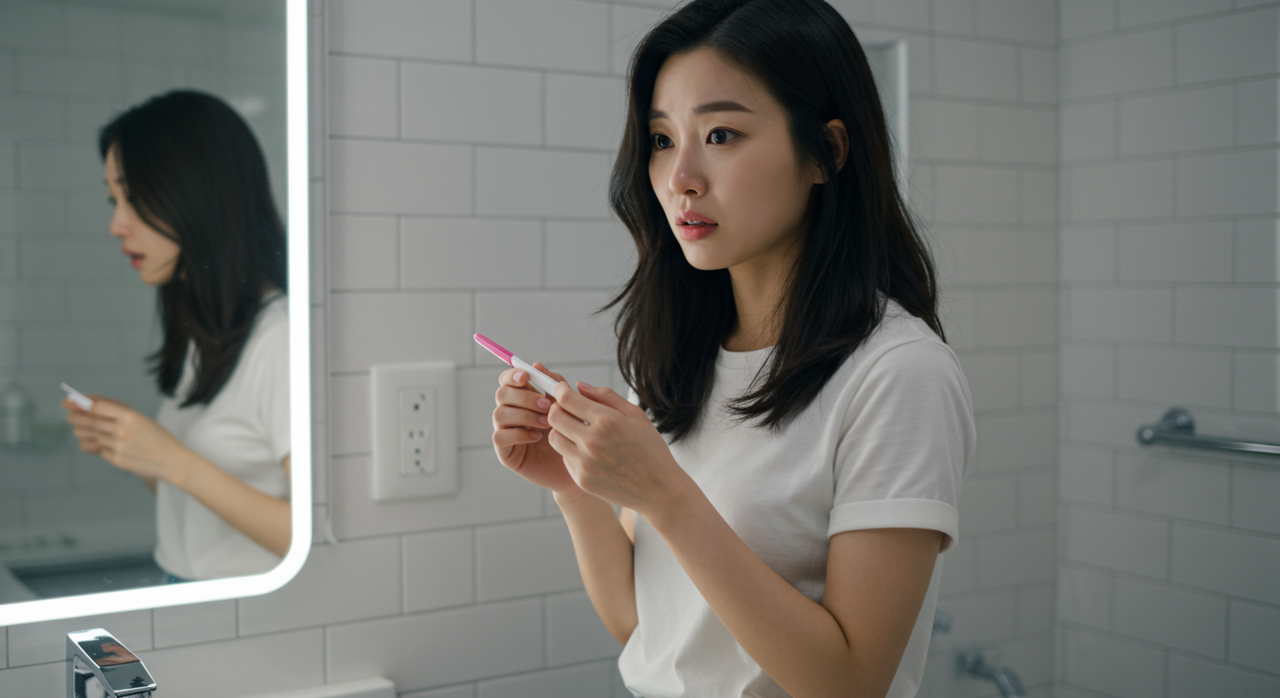 현대식 욕실에서 임신 테스트기를 들고 복잡한 감정을 드러내는 여성