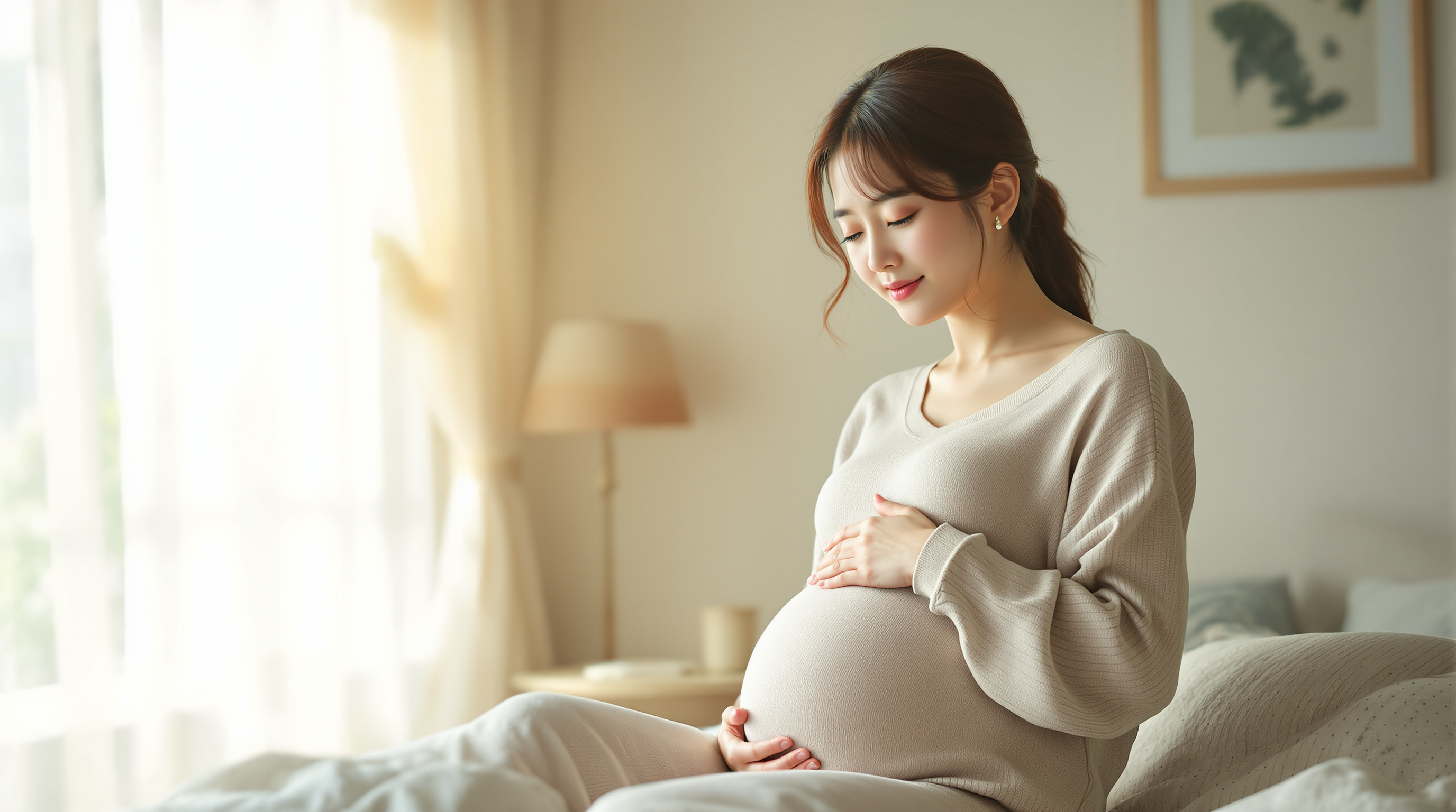 아침 햇살 속에서 배를 만지고 있는 여인의 모습