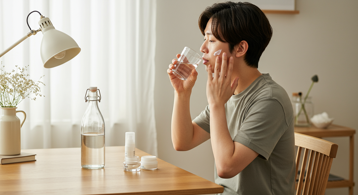 책상 위에서 물을 마시는 한국인이 핸드크림을 바르는 모습
