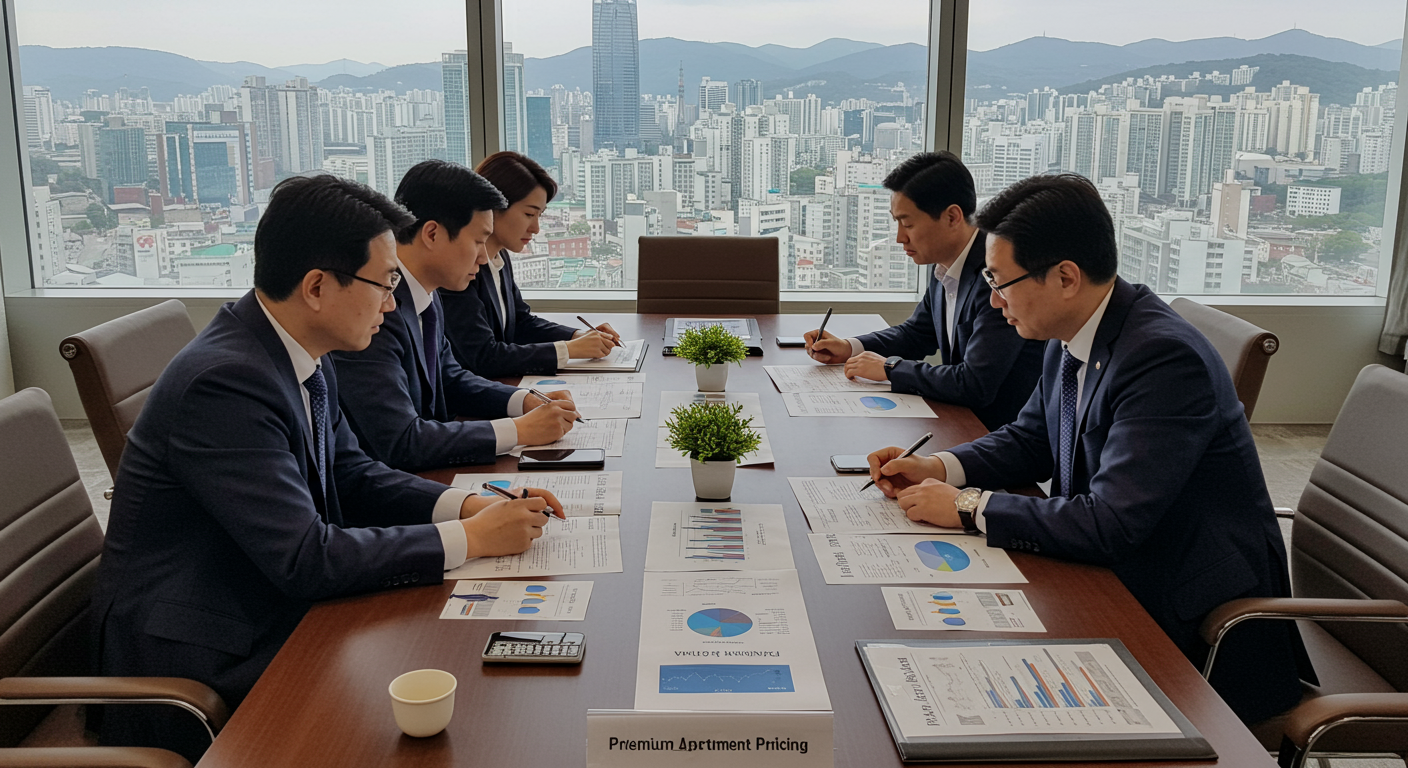 서울 고급 아파트 분양가를 논의하는 부동산 회의 장면