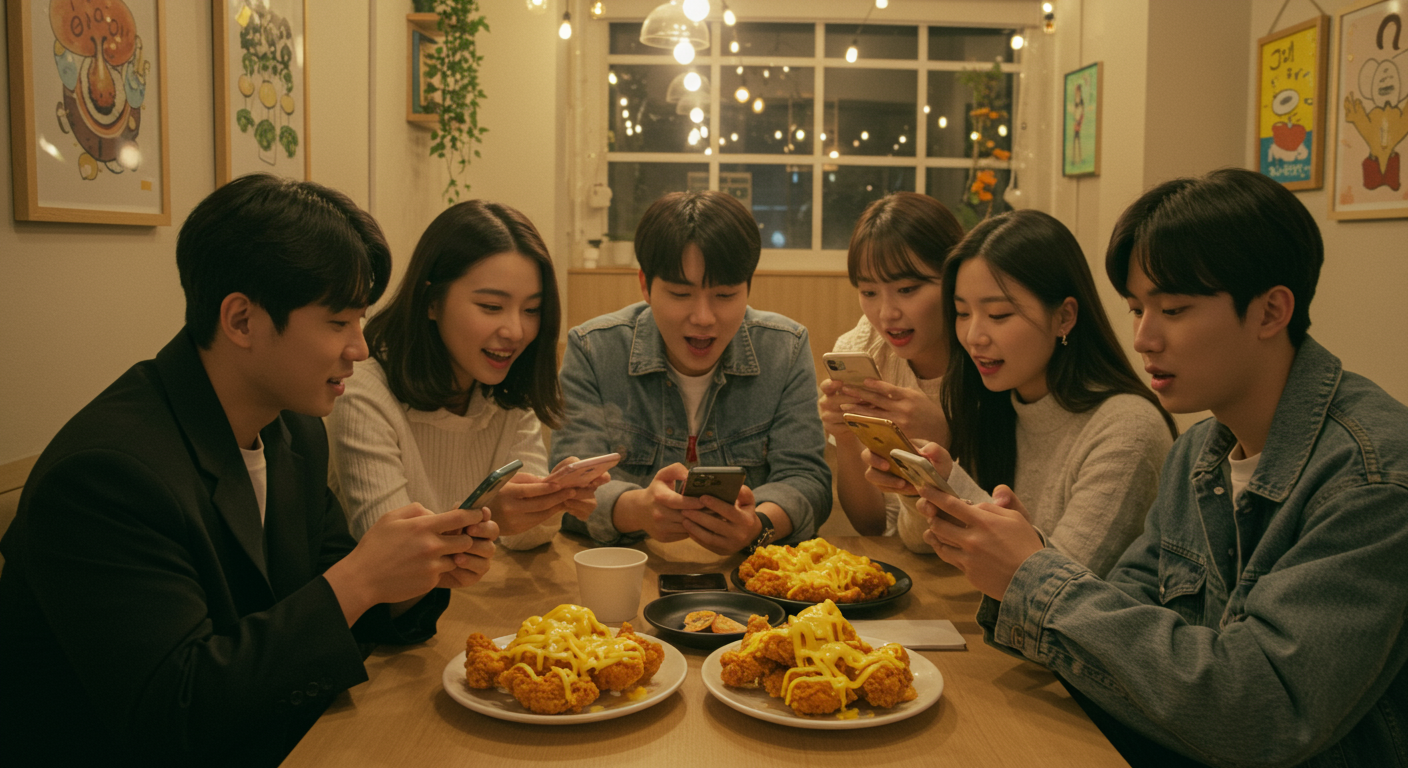 트렌디한 카페에서 스마트폰으로 소셜 미디어 리뷰를 확인하며 치즈 치킨을 먹는 젊은 사람들