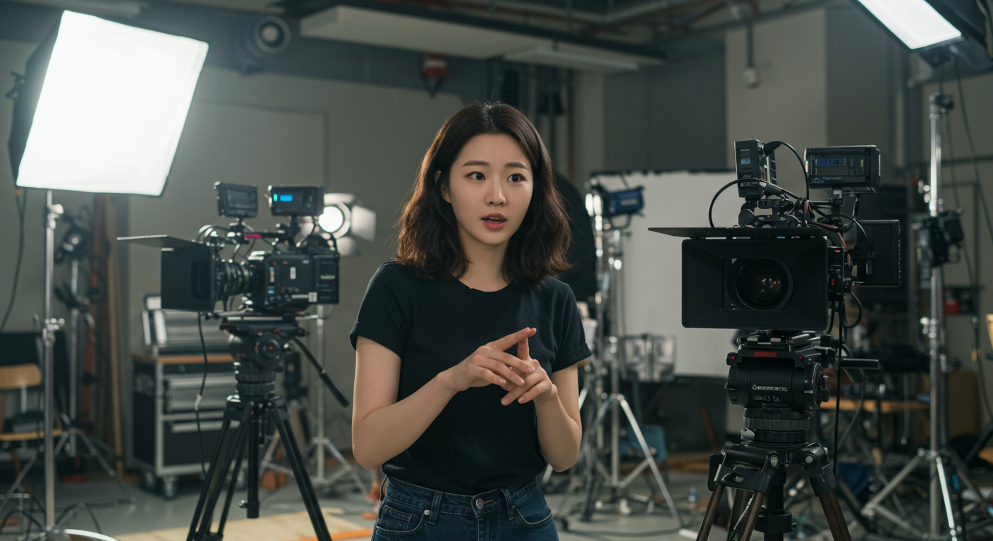 대학 영화 스튜디오에서 카메라와 조명 장비에 둘러싸여 있는 젊은 여성이 영감을 받은 모습