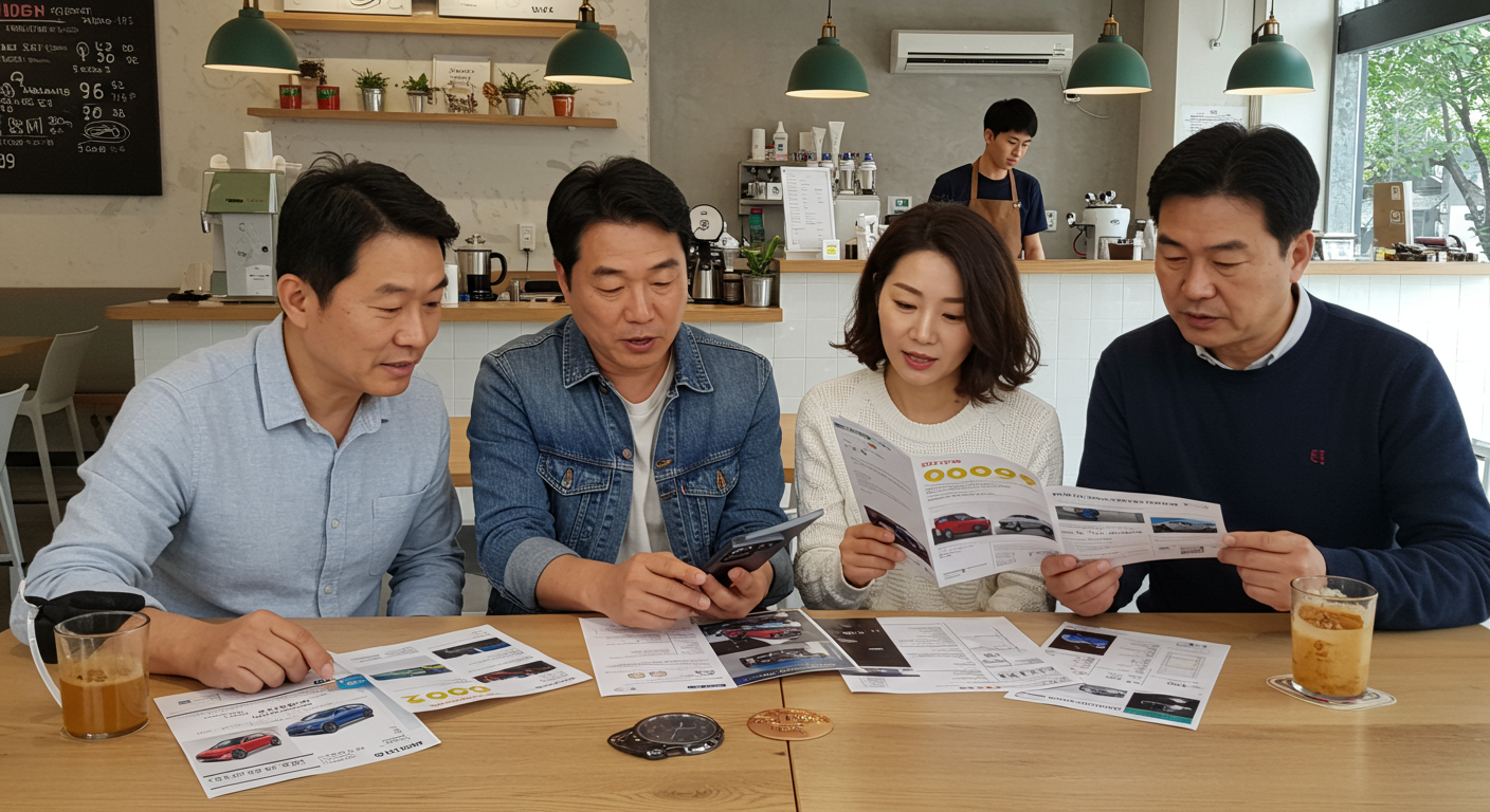 카페에서 기아 EV5와 테슬라 모델Y 가격을 비교하며 대화하는 한국 소비자들
