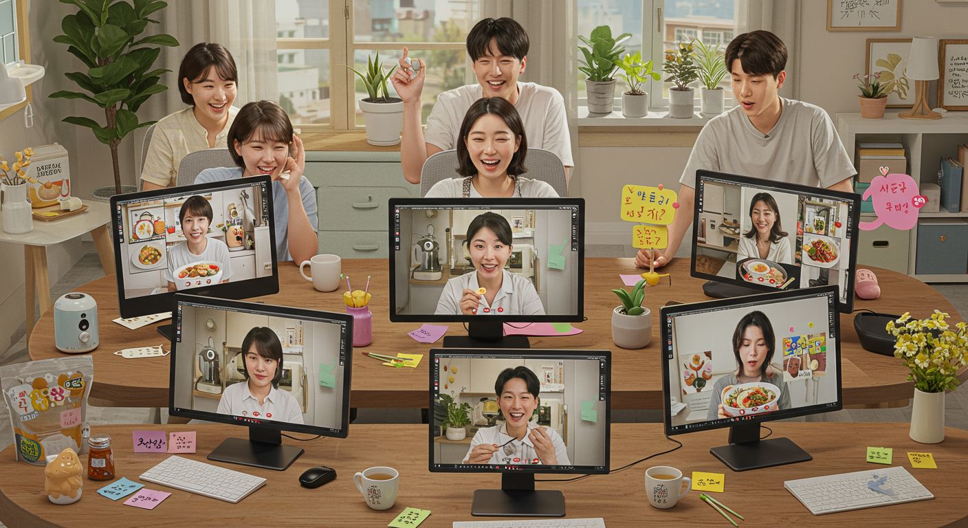 온라인 커뮤니티에서 비디오 통화로 서로 격려하며 경험을 나누는 다양한 한국인의 모습