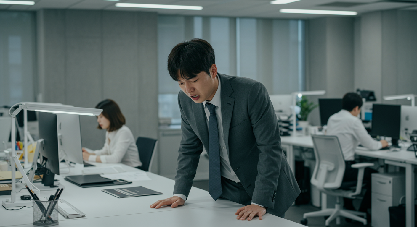 사무실에서 책상 앞에 서서 어지러움을 느끼는 현대인