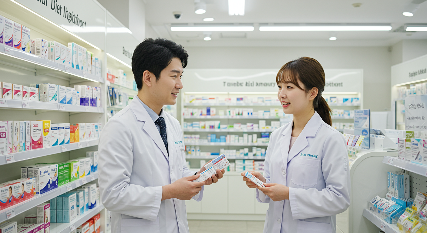 현대적인 약국에서 두 명의 약사가 다이어트 주사제를 논의하는 모습