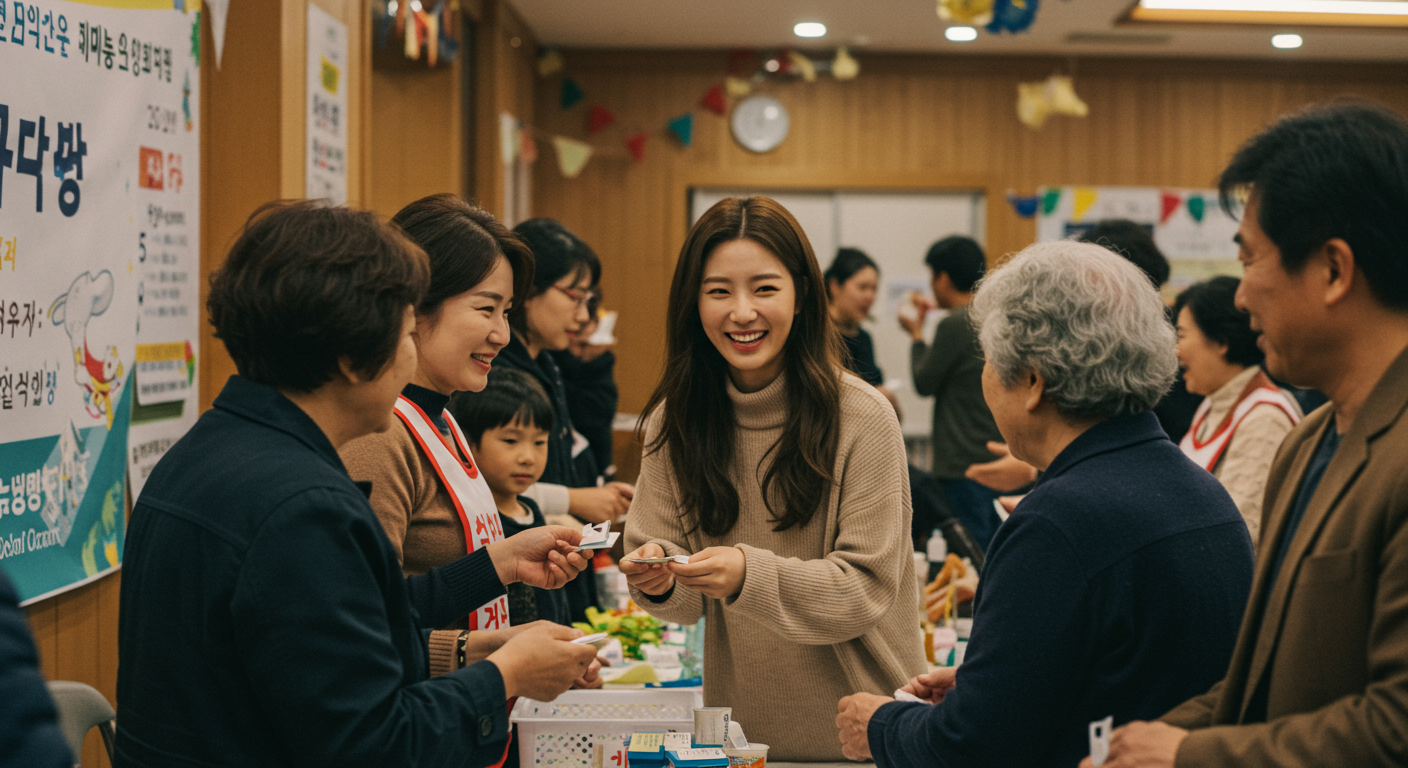 실내 자선 행사장에서 지역 주민들과 따뜻하게 교류하며 기부하는 여성의 모습