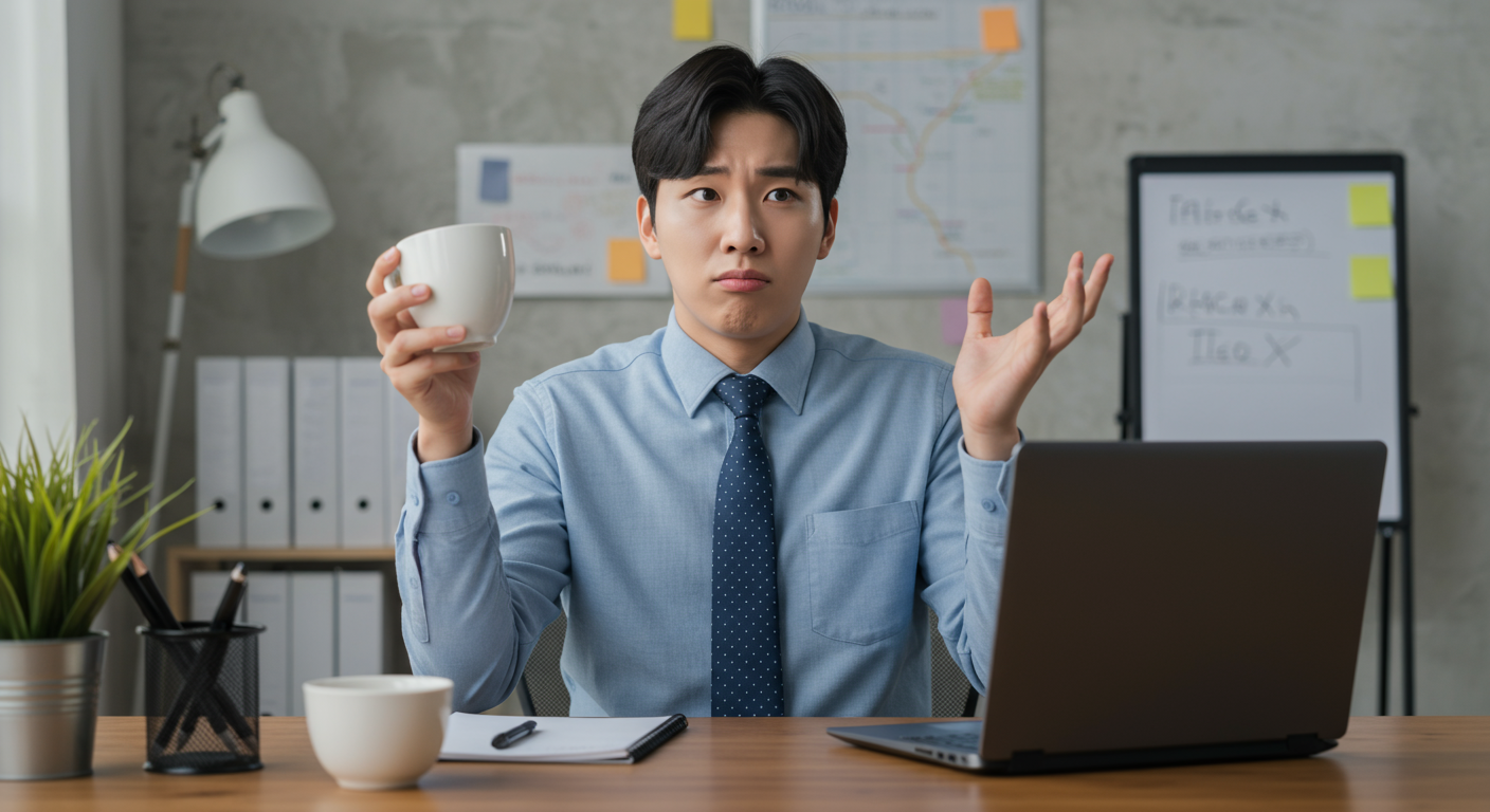 현대 한국 직장인이 책상 앞에서 혼란스러운 표정을 짓고 있는 모습