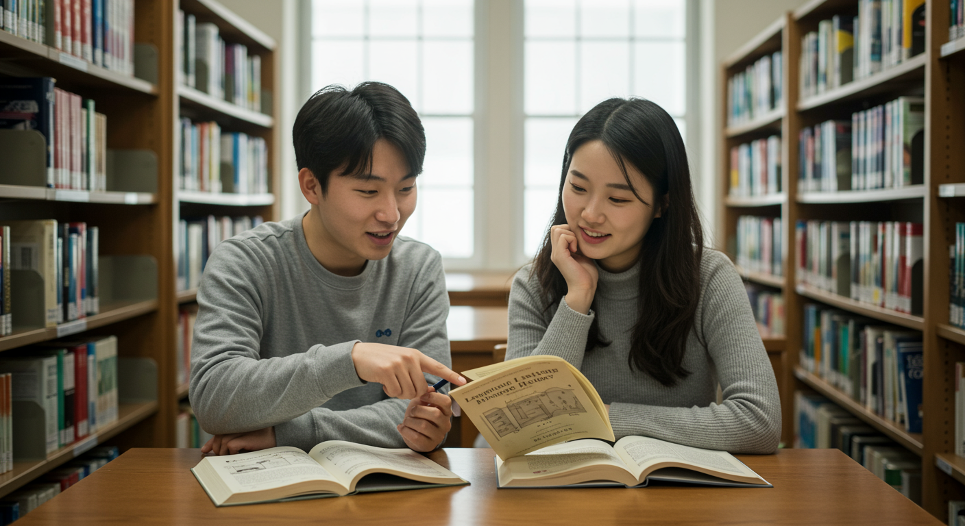 도서관에서 언어의 역사에 대해 토론하는 두 명의 대학생