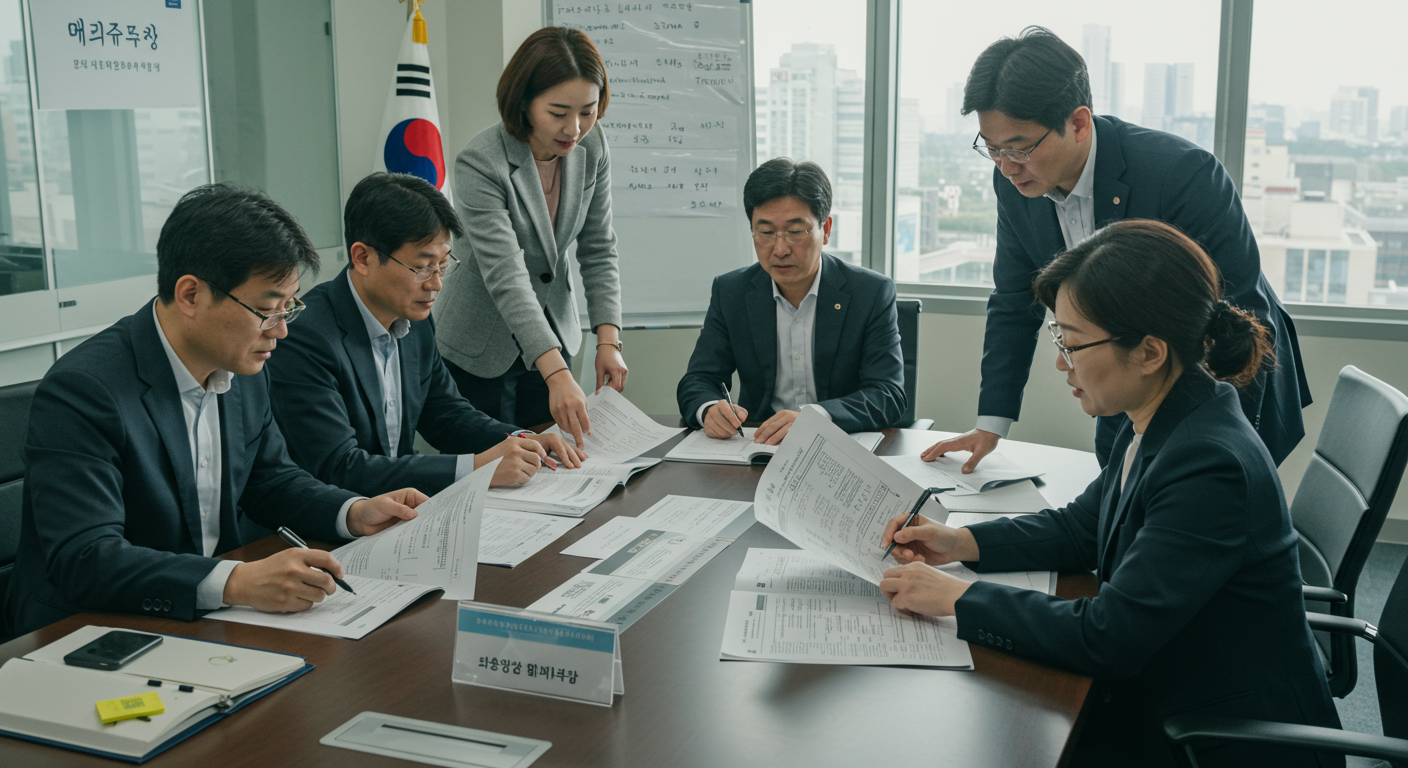 회의실에서 표준 언어 규정을 검토하는 전문가들