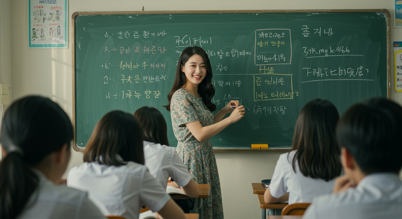 교실에서 학생들에게 복수표준어 예시를 설명하는 젊은 교사