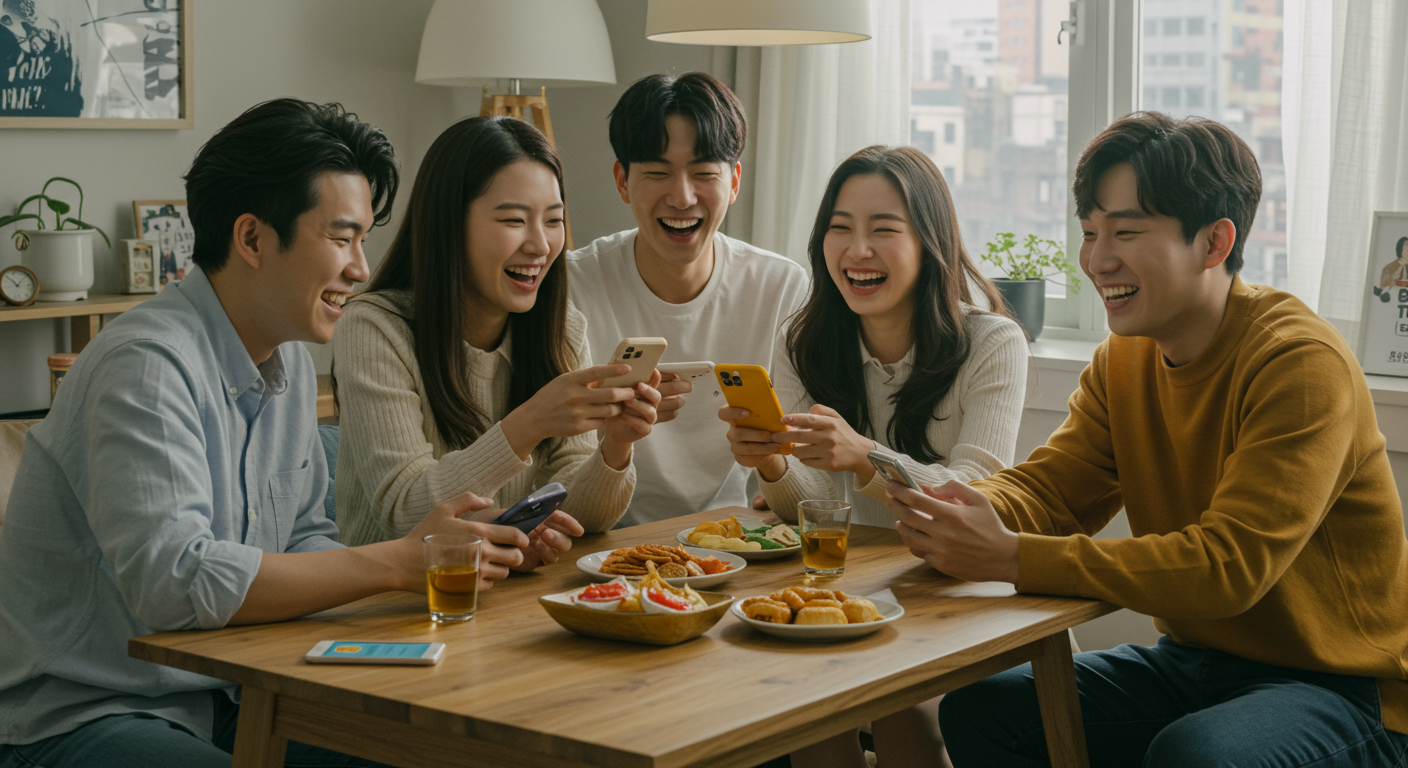 친구들이 테이블 주변에 모여 카카오 서비스와 이벤트에 대해 이야기하는 장면