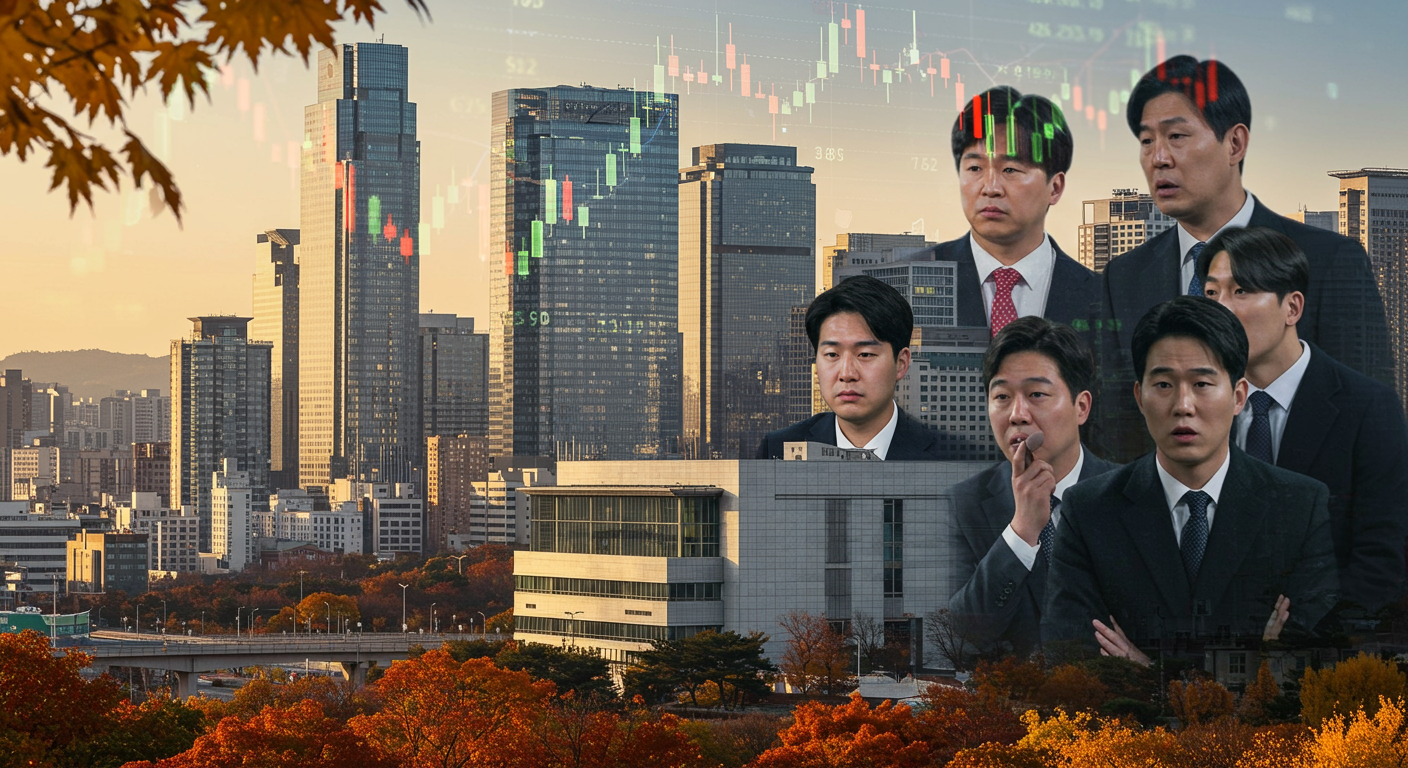 서울 금융 중심지에서 환율을 확인하는 직장인의 모습과 가을 분위기