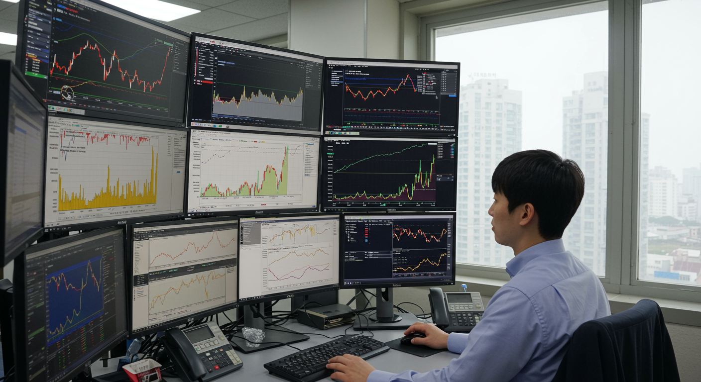 한국 주식 트레이더가 사무실에서 미국과 한국 금리 차트를 분석하는 장면