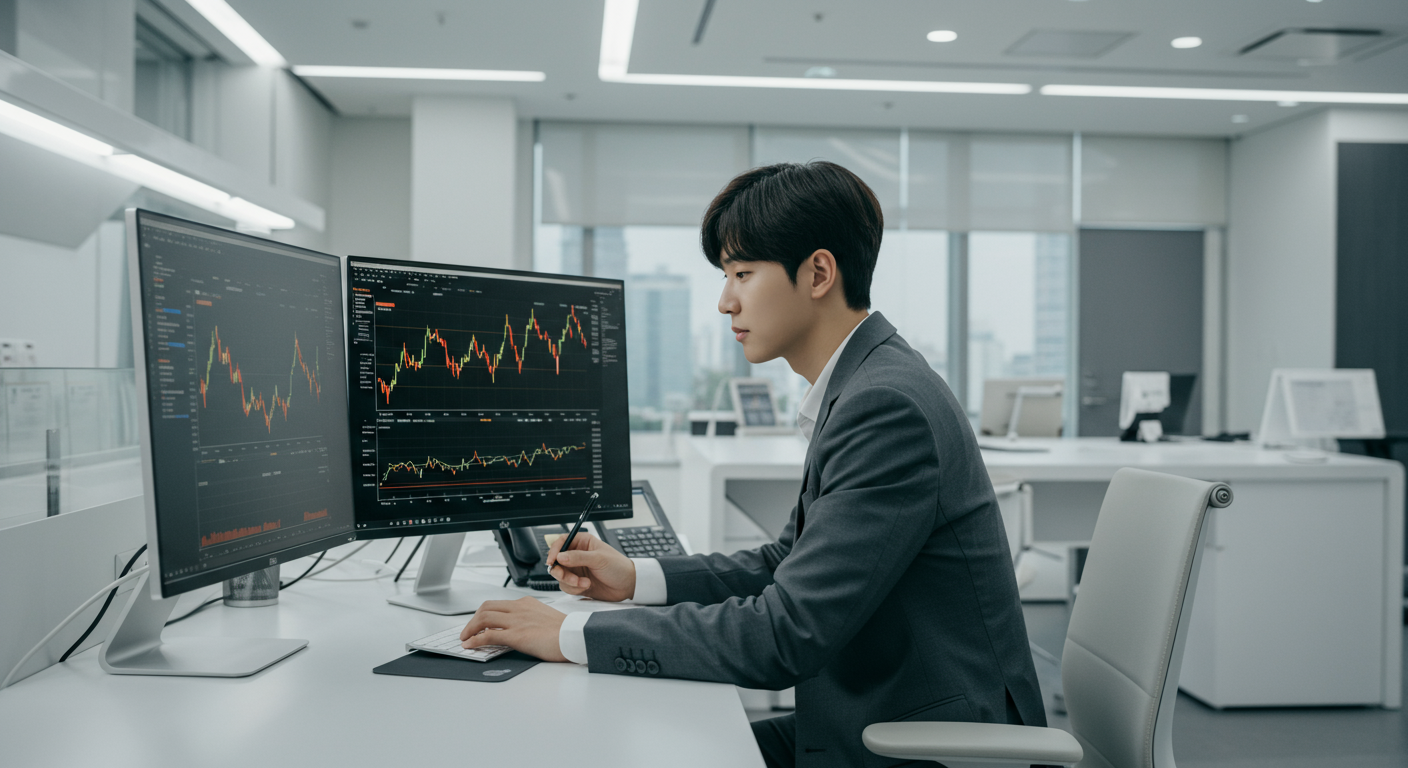 현대적인 사무실에서 컴퓨터 화면의 금 시세 차트를 분석하는 금융 전문가