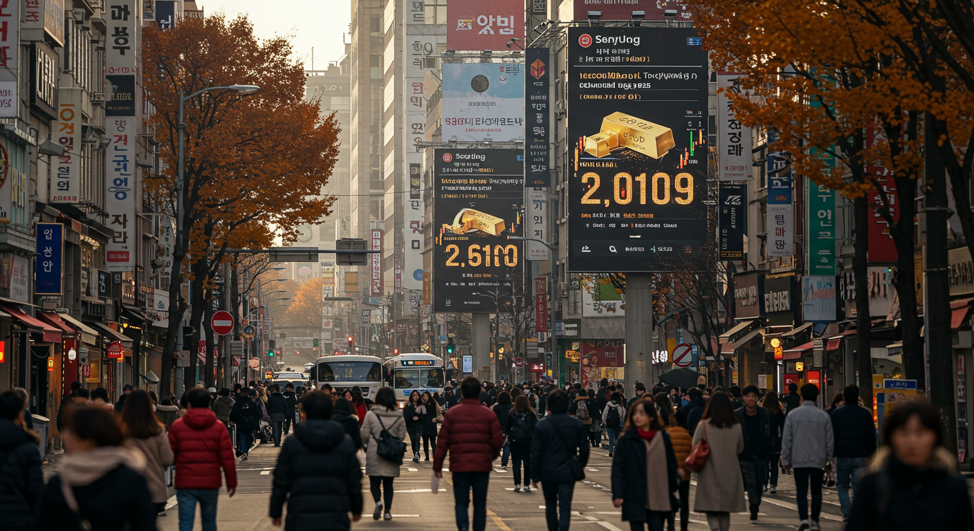 서울 거리의 디지털 광고판에 실시간으로 표시된 높은 금 시세와 가을 옷차림의 사람들