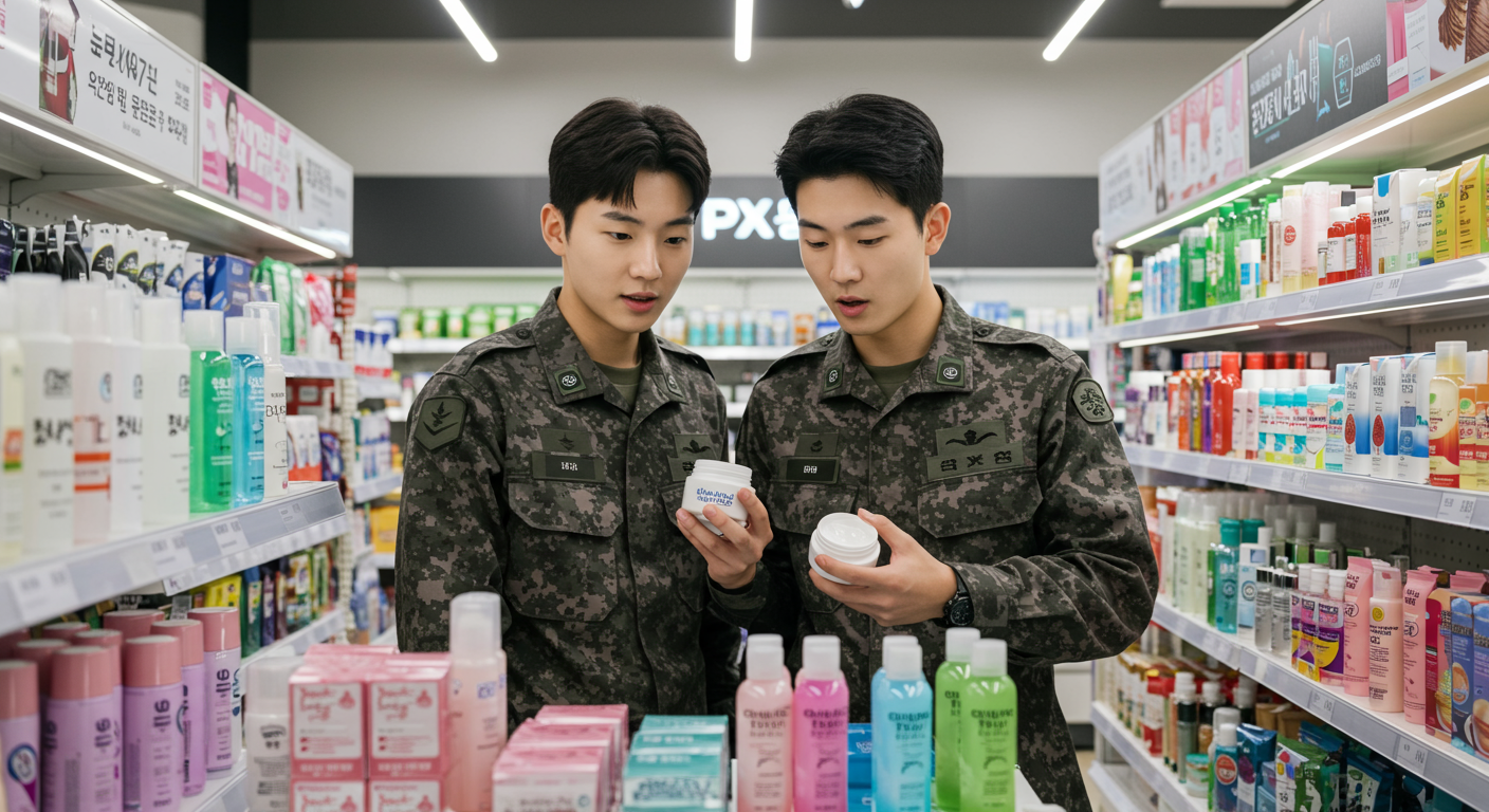 젊은 군인들이 PX 매장에서 최신 스킨케어 제품을 살펴보는 모습