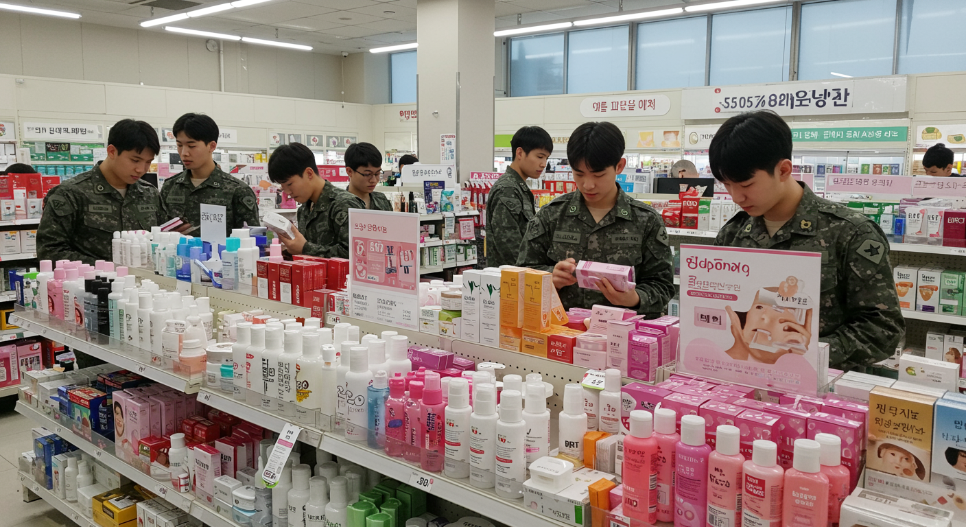 젊은 남성들이 다양한 브랜드의 화장품이 진열된 군마트를 둘러보는 장면