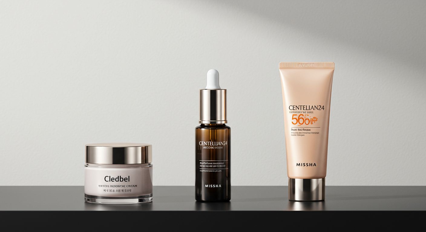 클레드벨 크림, 센텔리안24 세럼 및 미샤 선크림이 깔끔하게 진열된 모습