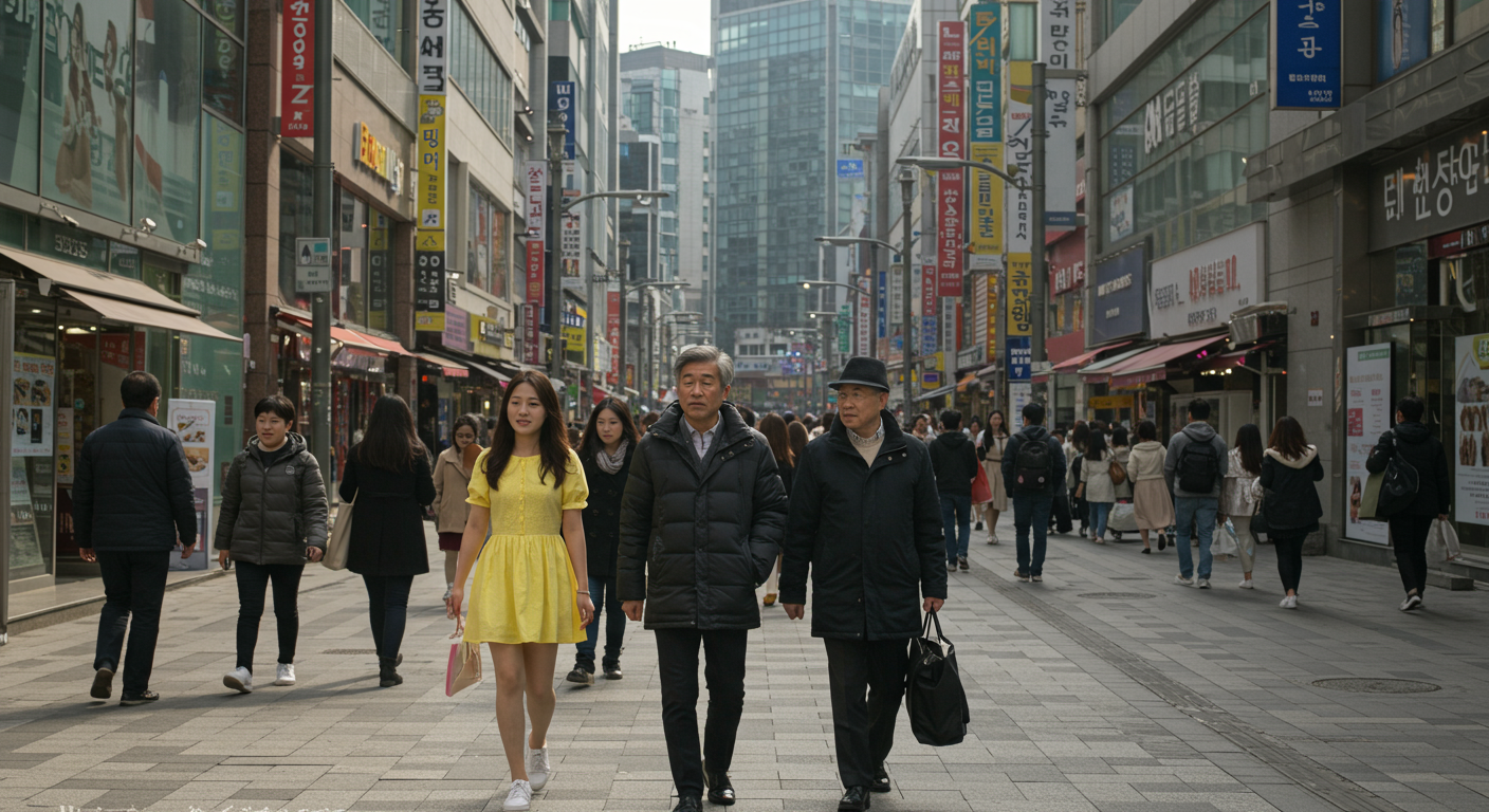 서울 거리에서 다양한 계절과 시간대에 맞춰 각기 다른 옷을 입고 있는 사람들